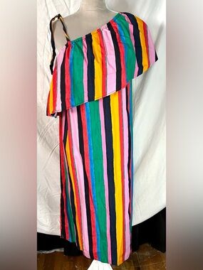 Who What Wear Multicolor Striped One Shoulder Ruffle Cotton Midi Dress, Size M